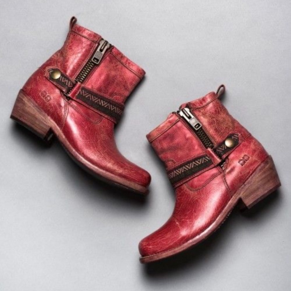 Boots BED STU Rare TRIPLE FLAT Red Lux Leather Zip Size 8